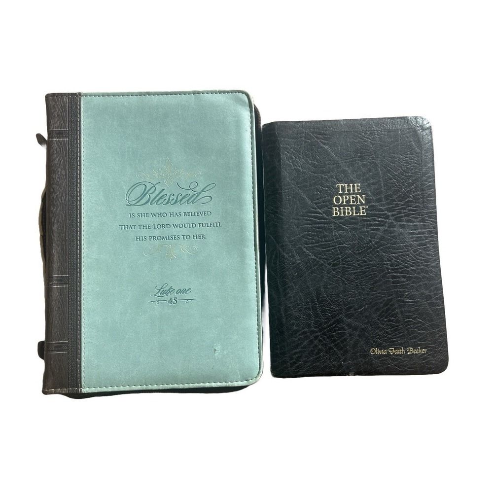 Bible Cover, Extra Large Size Blessed Luke 1:45, brown and turquoise With Bible
